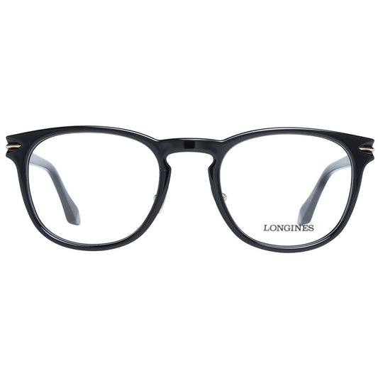 Longines Black Men Glasses Frame in durable plastic with full-rim design, suitable for everyday wear, includes branded case for protection.