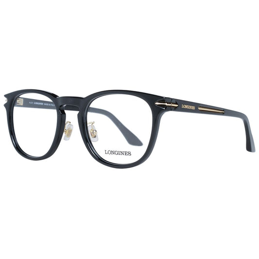 Longines Black Men Glasses Frame in black round style with full-rim plastic build, featuring demo lenses and branded case included.