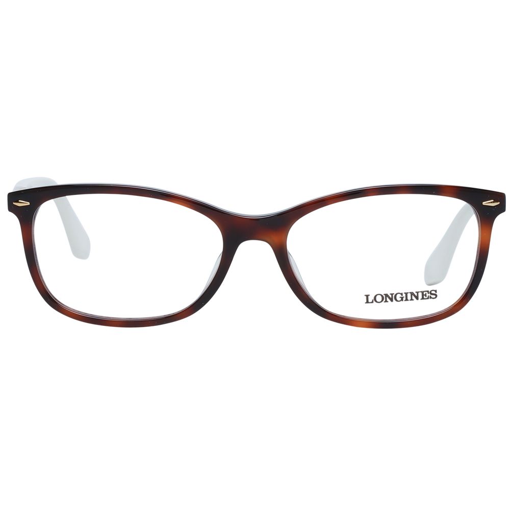 Longines Brown Women Glasses Frame in acetate with full-rim rectangle style, demo lenses, and branded case, size 54-16-140.