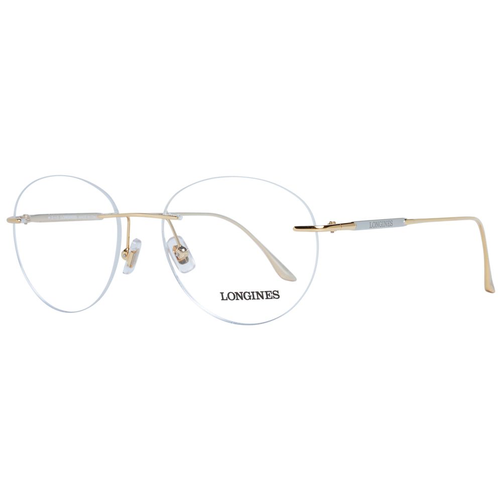 Longines Gold Men Glasses Frame with rimless round design, metal frame, and demo lenses, includes branded case, size 53-17-145.