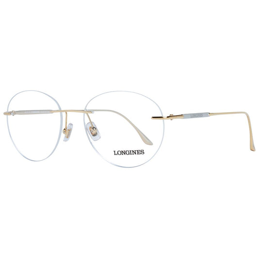 Longines Gold Men Glasses Frame with rimless round design, metal frame, and demo lenses, includes branded case, size 53-17-145.