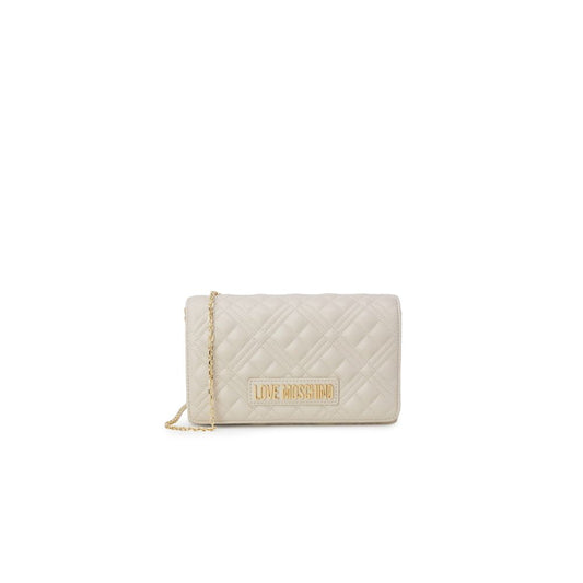 Love Moschino Beige Polyethylene Handbag with quilted design and golden chain, elegant for any occasion, versatile shoulder or crossbody wear.