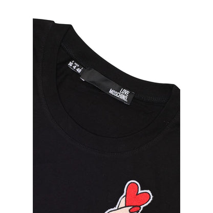 Close-up of Love Moschino Black Cotton T-Shirt with heart print on the chest.
