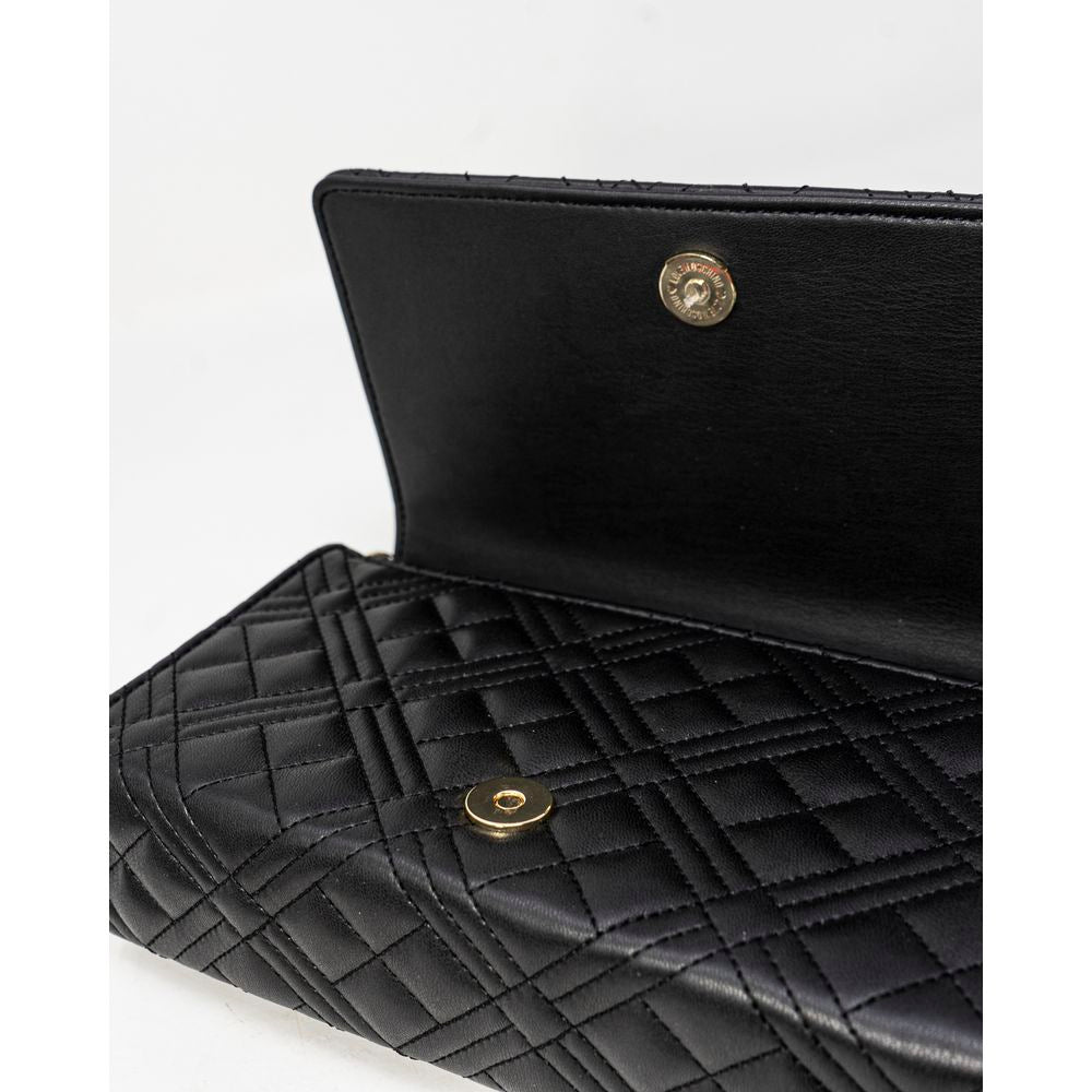 Open view of Love Moschino Black Polyethylene Handbag with quilted design and golden chain detail, showcasing high-quality polyurethane material.