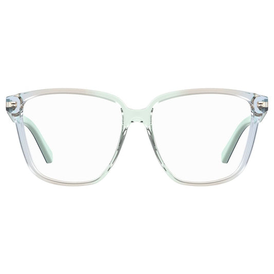 Love Moschino Blue Acetate Frames with clear lenses, front view showcasing 55/14/140 mm dimensions, stylish eyewear for women.