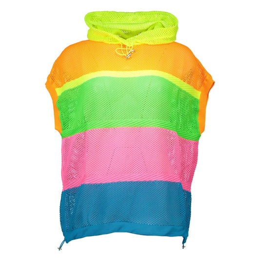Love Moschino Multicolor Polyester Sweater with short sleeves, hood, and logo design. Vibrant colors for a trendy look.