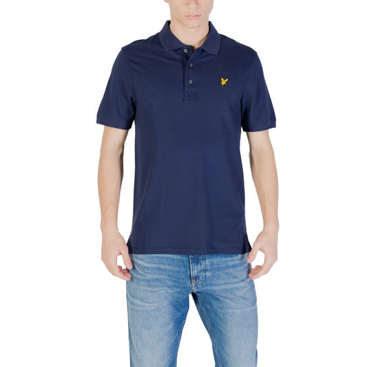 Man wearing a Lyle & Scott Blue Cotton Polo Shirt, featuring the brand's logo, paired with jeans for a casual look.