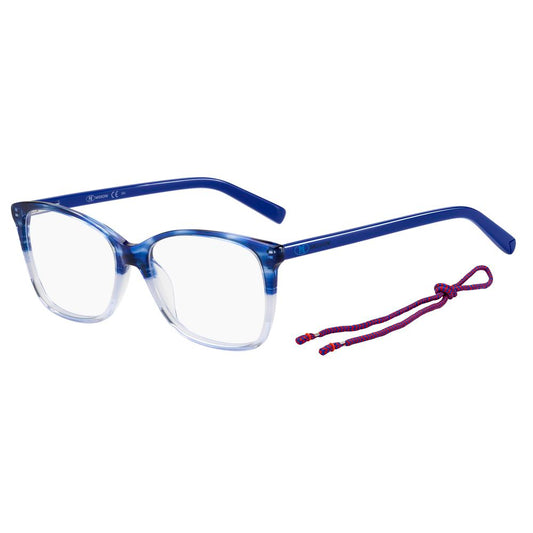 M Missoni Blue Acetate Frames in blue horn color with dimensions 54/16/140 mm, includes red cord accessory.