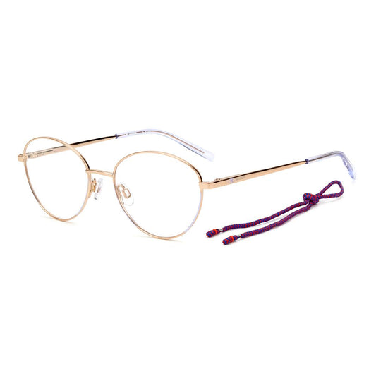 M Missoni Purple Metal Frames eyeglasses with gold metal frame and adjustable nose pads, includes purple cord accessory.