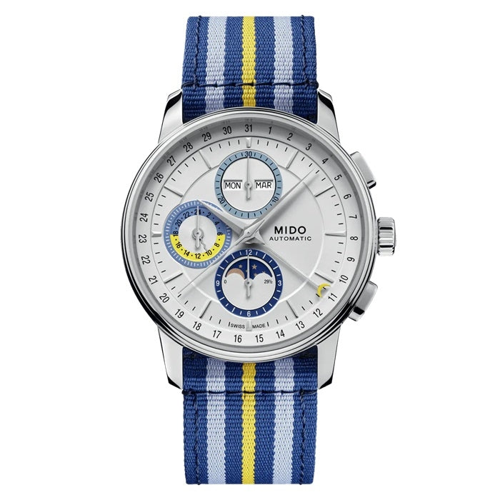 MIDO MOD. BARONCELLI automatic watch with blue and yellow striped strap on display