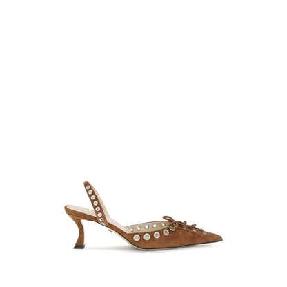 MACH & MACH Brown Calf Leather Bos Taurus Lace-Up slingback pumps with perforated studs and almond toe for AW25 season.