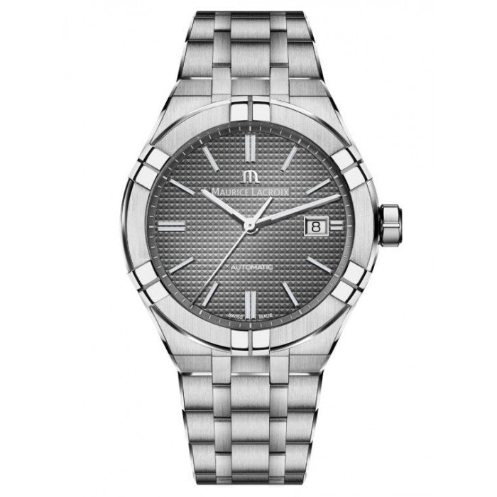 Luxury watch MAURICE LACROIX MOD. AI6008-SS002-230-1 with silver bracelet and dark textured dial, front view.