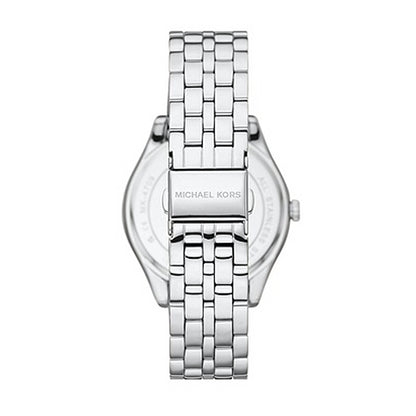 Back view of MICHAEL KORS Mod. HARLOWE wristwatch with stainless steel bracelet and clasp.