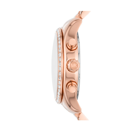 Side view of MICHAEL KORS Mod. LEXINGTON rose gold chronograph quartz wristwatch, 38mm water-resistant, in official box.