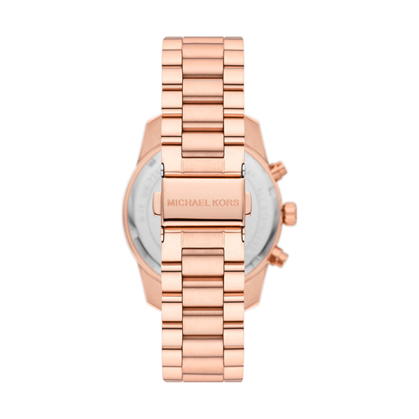 Back view of MICHAEL KORS Mod. LEXINGTON rose gold ladies wristwatch with stainless steel strap in official packaging.