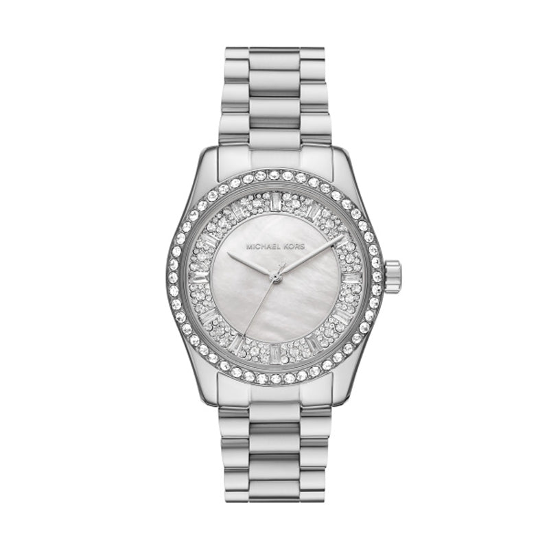 Silver MICHAEL KORS Mod. LEXINGTON wristwatch with stainless steel bracelet and mother of pearl dial, showcased in official packaging.