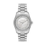 Silver MICHAEL KORS Mod. LEXINGTON wristwatch with stainless steel bracelet and mother of pearl dial, showcased in official packaging.