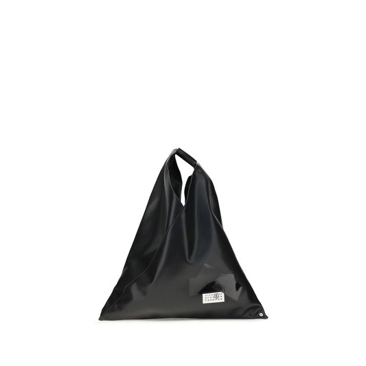 MM6 Black Polyester Handbag with geometric design and tubular handle, faux leather finish, ideal for urban and sophisticated looks.