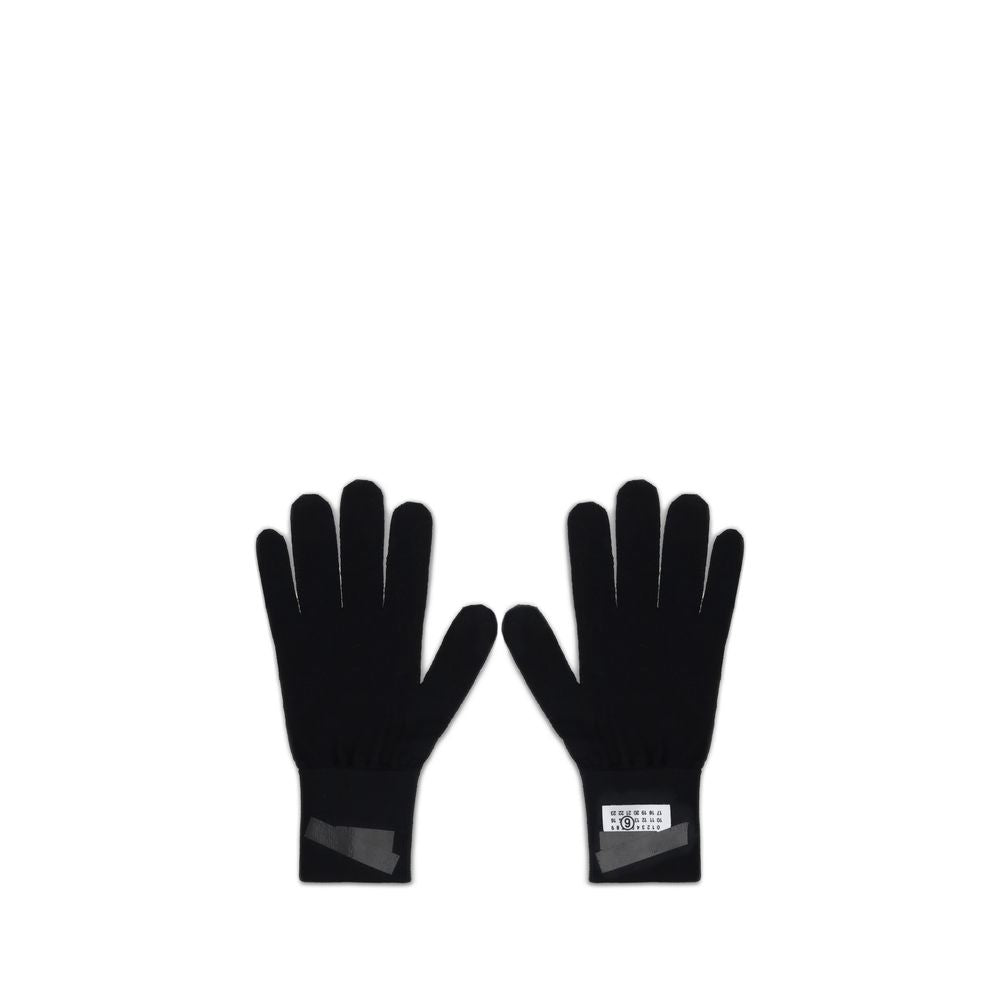 MM6 Black Wool Gloves featuring soft wool with logo patch design for warmth and style, ideal for AW25 season cold weather fashion.