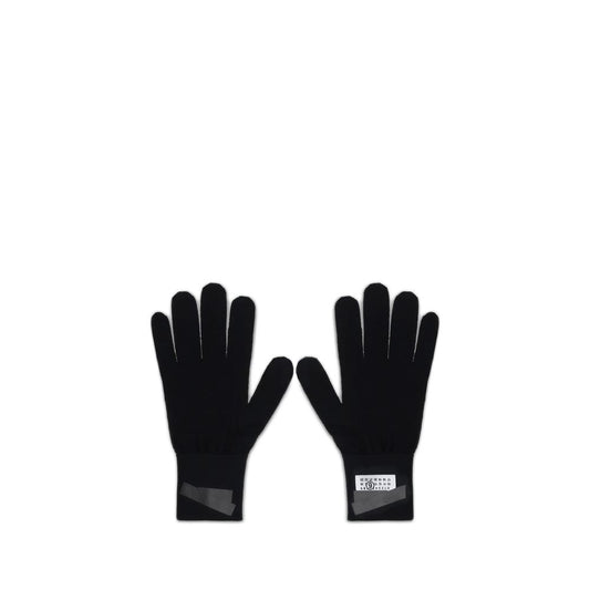 MM6 Black Wool Gloves featuring soft wool with logo patch design for warmth and style, ideal for AW25 season cold weather fashion.