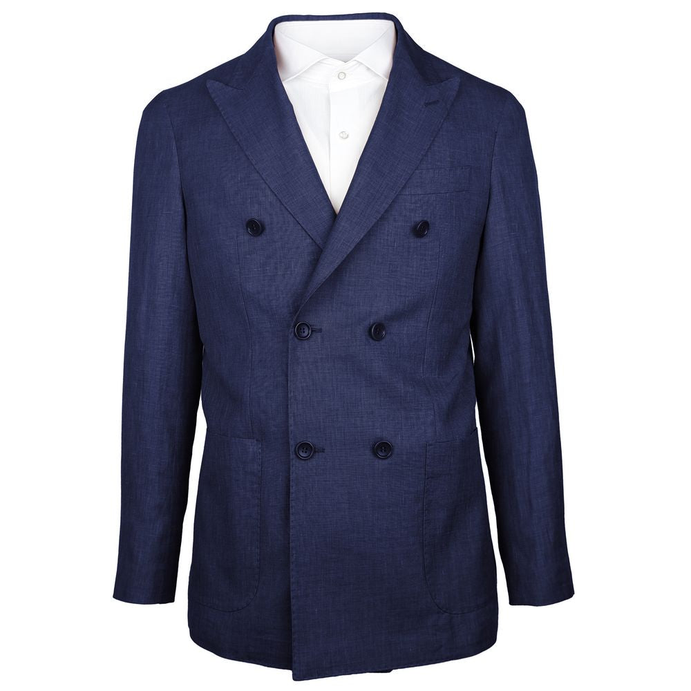 Made in Italy Blue Linen Blazer with peaked lapels and double-breasted design, crafted from Loro Piana fabric. Elegant and versatile fashion.