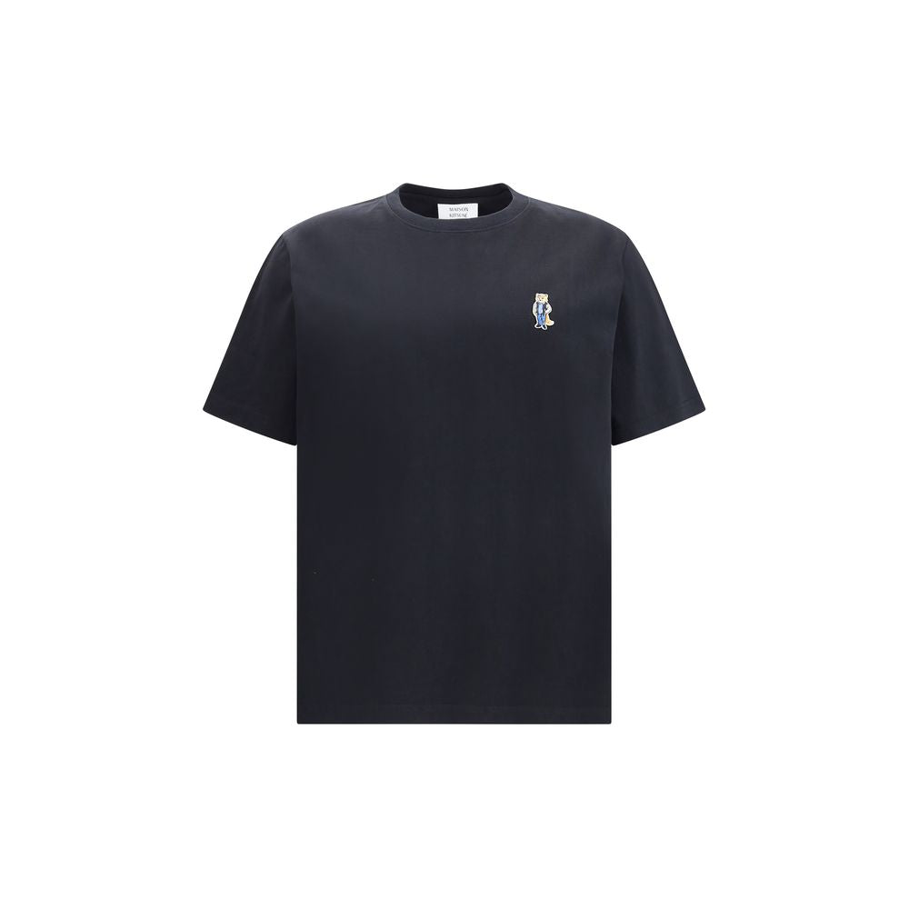 Maison Kitsuné Black Cotton T-Shirt with embroidered fox patch on chest, short sleeves, crew neck, perfect for casual wear.