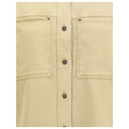 Close-up of Marant Etoile Beige Cotton Dress Shirt with classic collar, button closure, and front patch pockets for casual utility.
