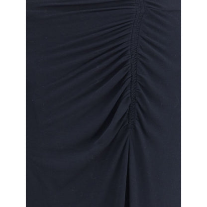 Marant Etoile Black Modal Casual Dress with elegant draping and front slit detail, featuring gathers at the shoulder and front.