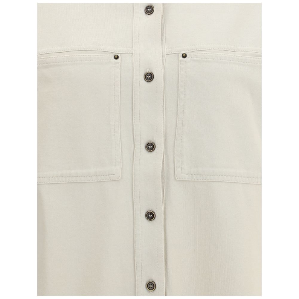 Close-up of Marant Etoile White Cotton Dress Shirt with front patch pockets and button closure, showcasing casual chic design, AW25.