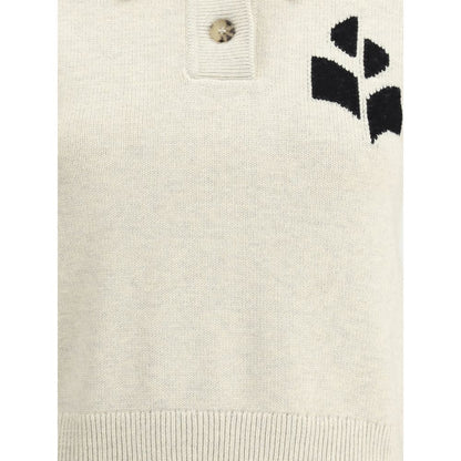 Marant Etoile White Cotton Sweatshirt with button-front, ribbed cuffs, iconic logo, and mélange pattern, made from cotton and wool blend.