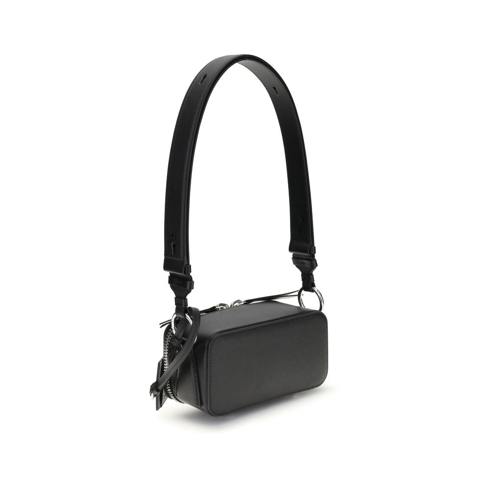 Margiela Black Calf Leather Bos Taurus Shoulder Bag with adjustable strap and four-stitch logo, showcases elegant design and functionality.