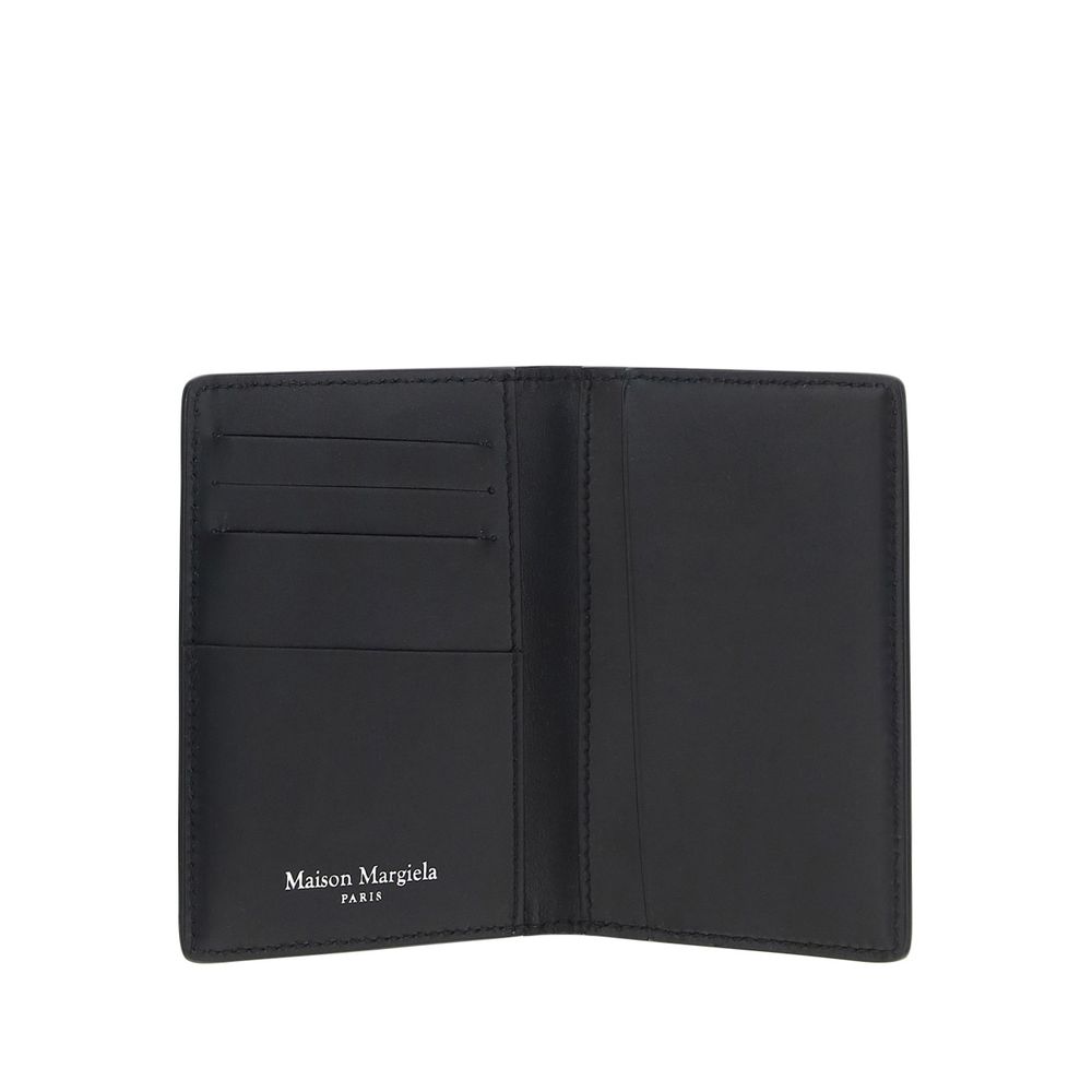 Margiela Black Calf Leather Bos Taurus Wallet showing internal card slots and brand signature embossing, made in Italy.