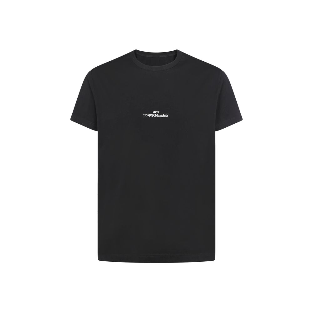 Margiela Black Cotton T-Shirt with monogram embroidery, ribbed crew neck, 100% cotton, AW25 collection, regular fit.