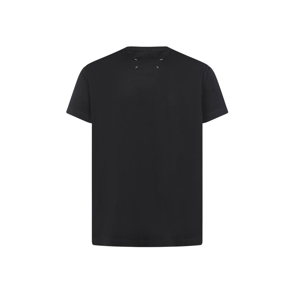 Margiela Black Cotton T-Shirt with embroidered brand monogram, ribbed crew neck, regular fit, 100% cotton.