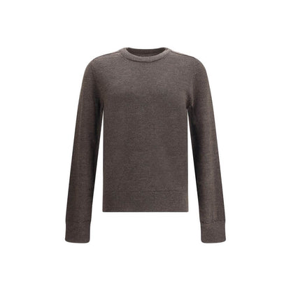 Front view of Margiela Brown Wool Sweatshirt with contrast stitching and appliqués on sleeves, featuring ribbed crew neck, cuffs, and hem.