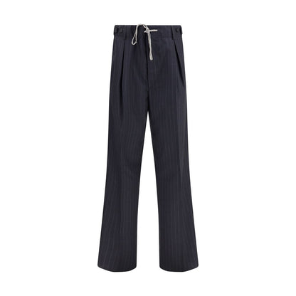 Margiela Gray Wool Casual Pants with pinstripe pattern, straight-leg silhouette, front pleats, and drawstring fastening.
