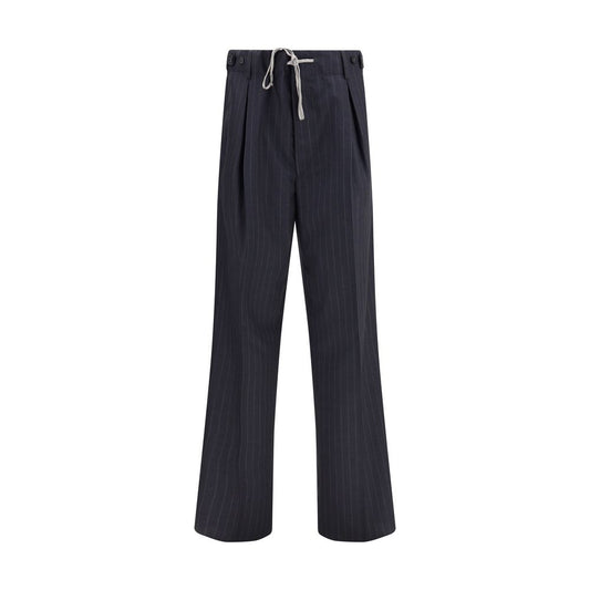 Margiela Gray Wool Casual Pants with pinstripe pattern, straight-leg silhouette, front pleats, and drawstring fastening.