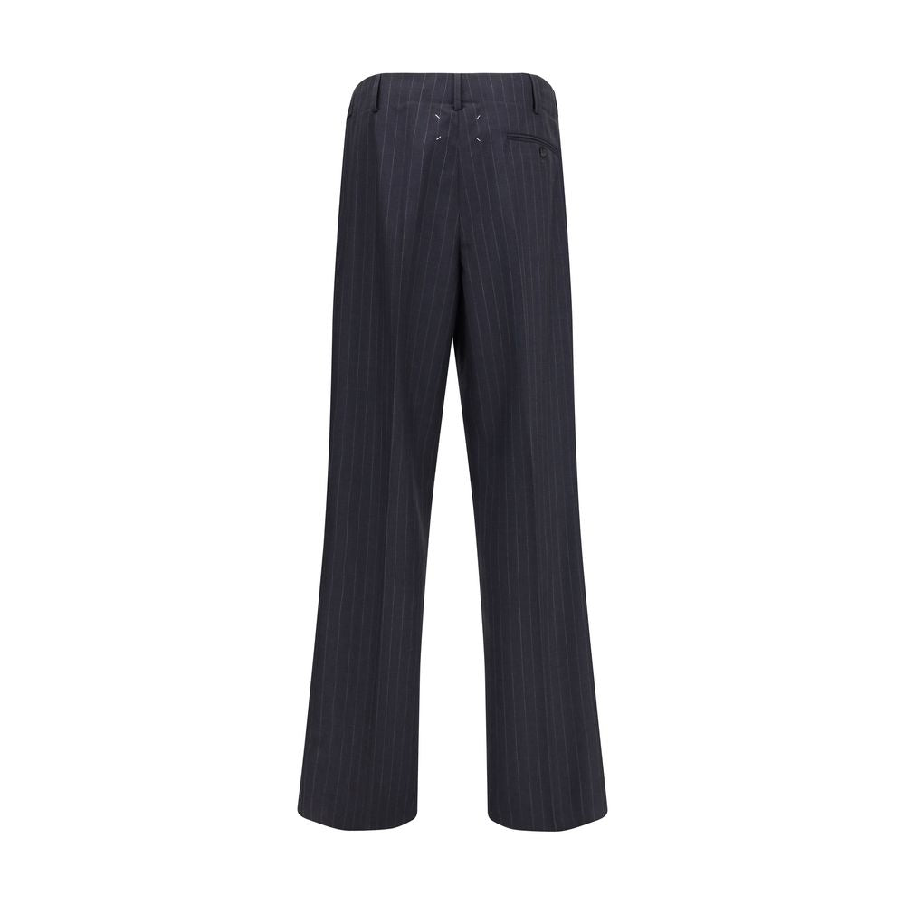 Margiela Gray Wool Casual Pants with pinstripe pattern and drawstring waist, showcasing contemporary elegance and versatile style.
