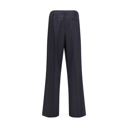 Margiela Gray Wool Casual Pants with pinstripe pattern and drawstring waist, showcasing contemporary elegance and versatile style.