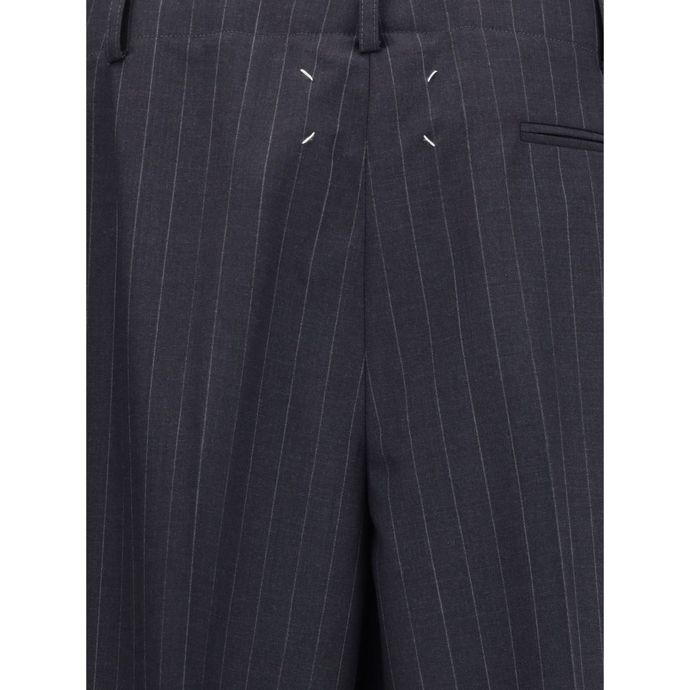 Margiela Gray Wool Casual Pants with pinstripe pattern and front pleats, featuring a modern drawstring waist for elegant everyday wear.