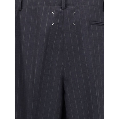 Margiela Gray Wool Casual Pants with pinstripe pattern and front pleats, featuring a modern drawstring waist for elegant everyday wear.