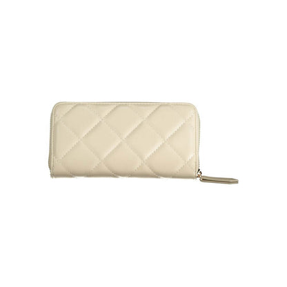 Mario Valentino Beige Polyethylene Wallet with quilted design, zip closure, and multiple compartments for cards and coins.