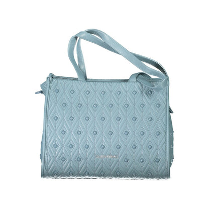 Alt Tag: Mario Valentino Blue Polyester Handbag with dual shoulder handles and adjustable strap, featuring zip closure and logo.