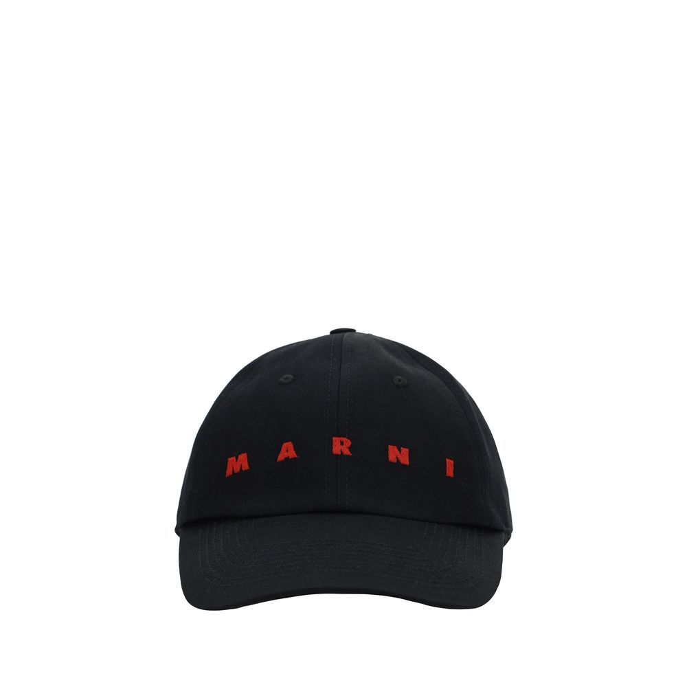 Marni Black Cotton Cap (Baseball Hat) with red monogram, adjustable closure, 100% cotton, front view.