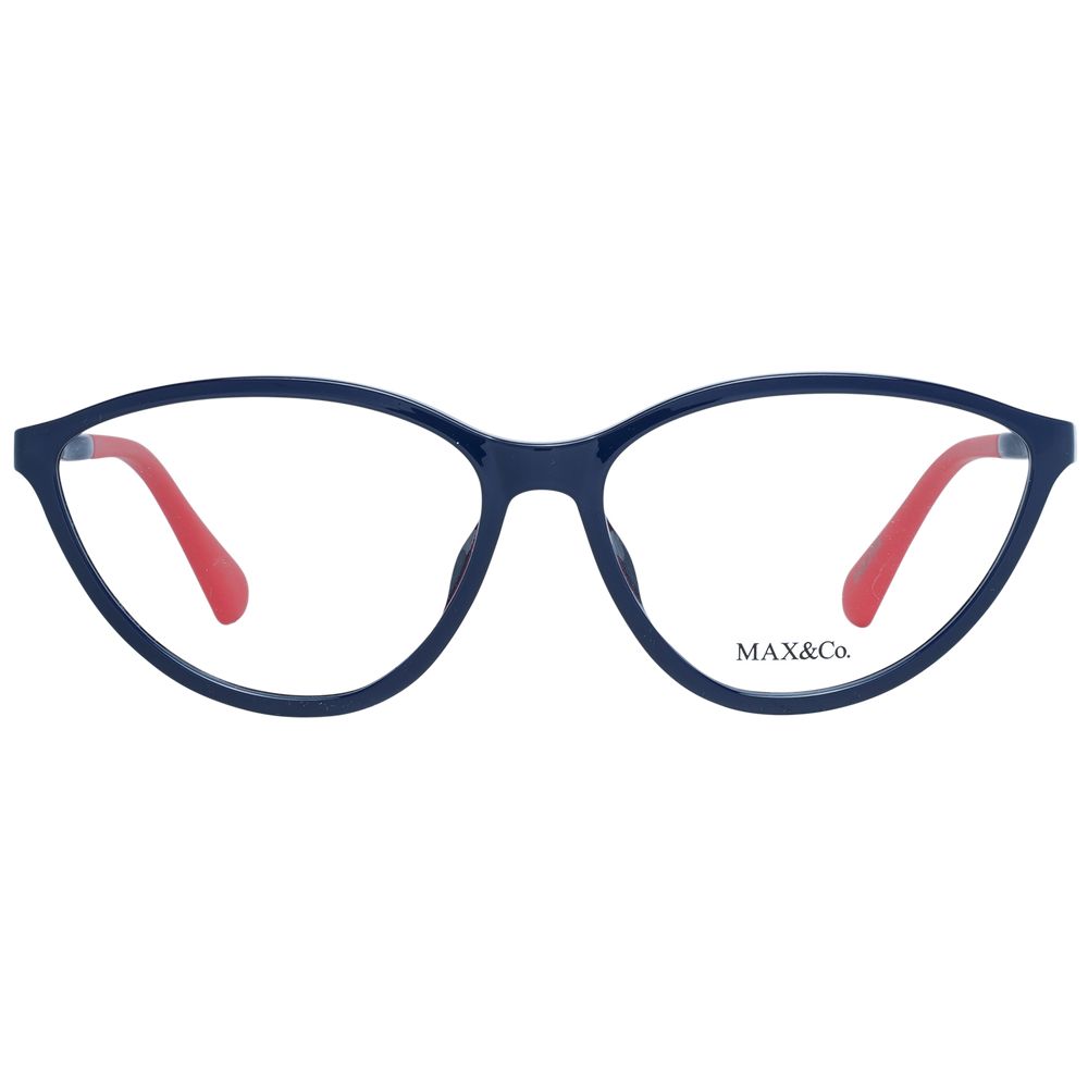 Max & Co Blue Women Glasses Frame in cat eye style with full-rim plastic frame and demo lenses, size 55-14-140, blue color.