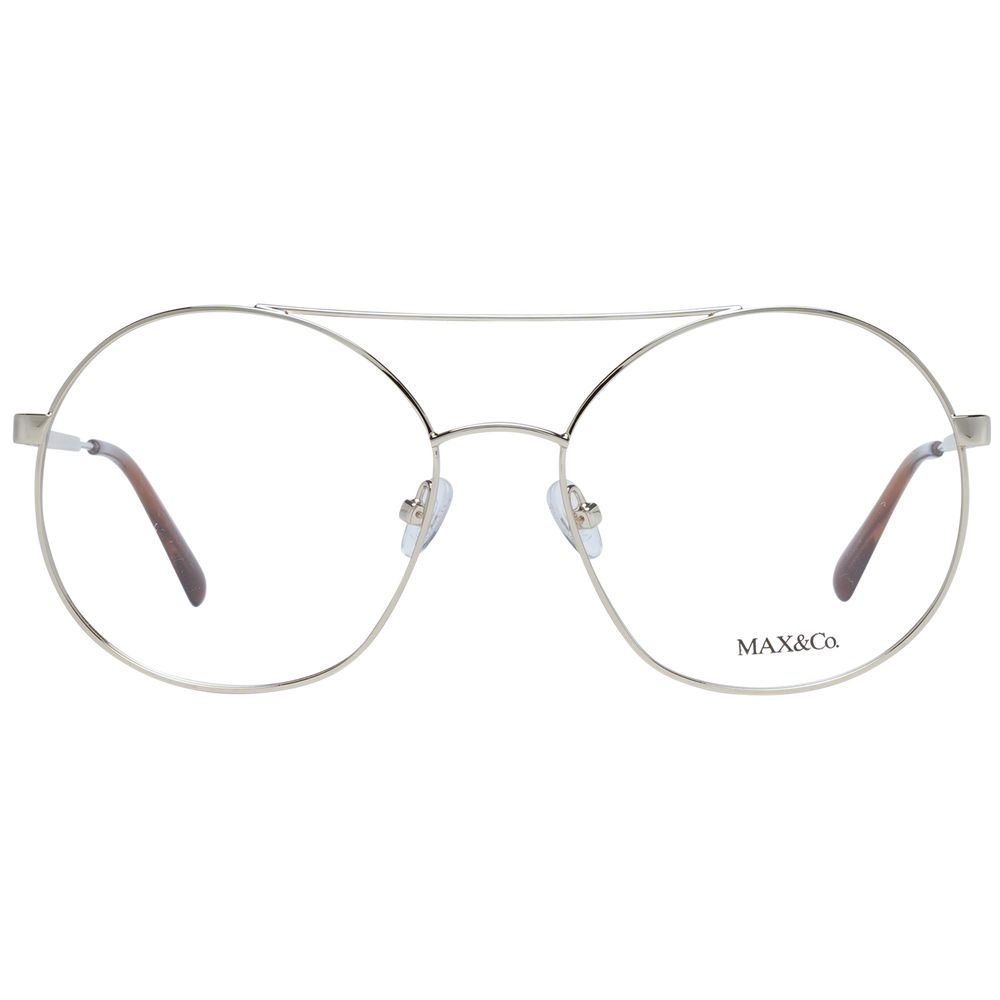 Alt Tag: Max & Co Gold Women Glasses Frame, full-rim metal round style with demo lenses, includes branded case.