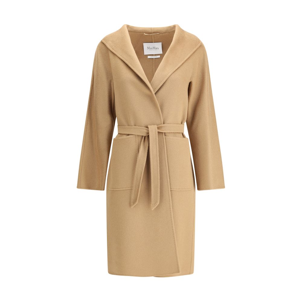 Max Mara Beige Cashmere Coat with classic collar and waist sash, featuring front patch pockets, made of pure cashmere for luxury and softness.
