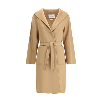 Max Mara Beige Cashmere Coat with classic collar and waist sash, featuring front patch pockets, made of pure cashmere for luxury and softness.