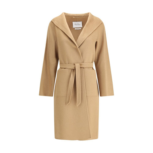 Max Mara Beige Cashmere Coat with classic collar and waist sash, featuring front patch pockets, made of pure cashmere for luxury and softness.