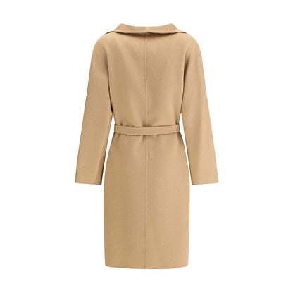 Back view of Max Mara Beige Cashmere Coat featuring classic collar and sash belt for a luxurious and elegant look.